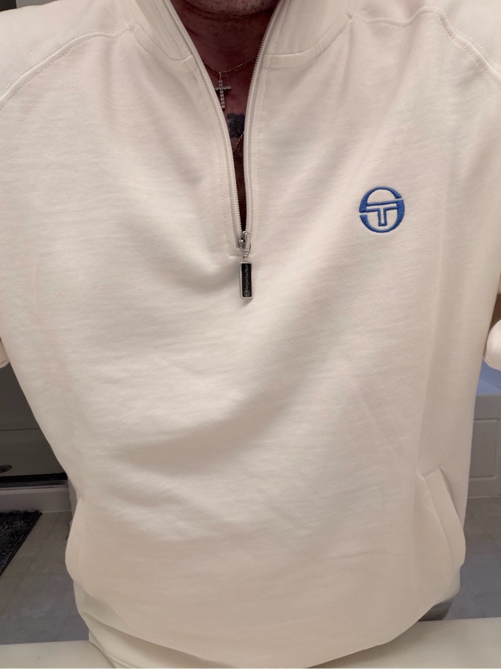 Sergio Tacchini cream quarter zip with Blue Gradient Logo
